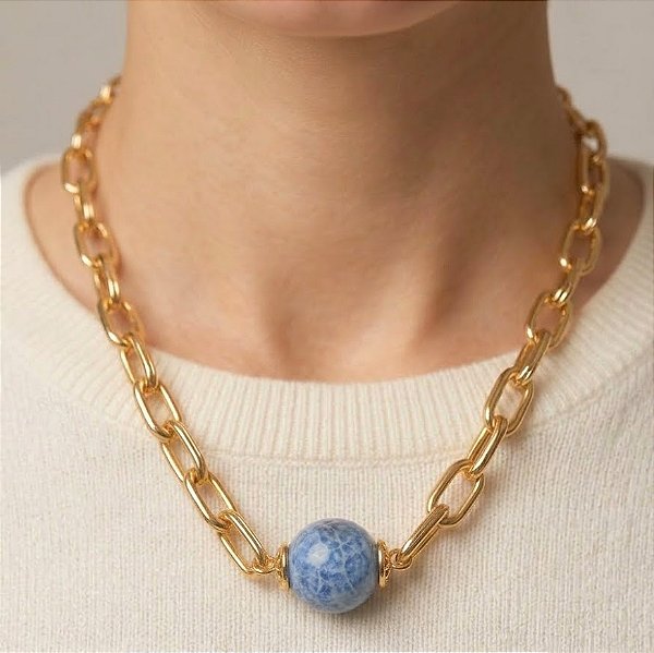 Colar Elos e Ágata Mesclada Azul