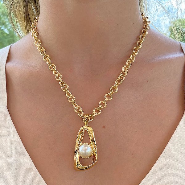 Colar Elo Redondo e Pérola