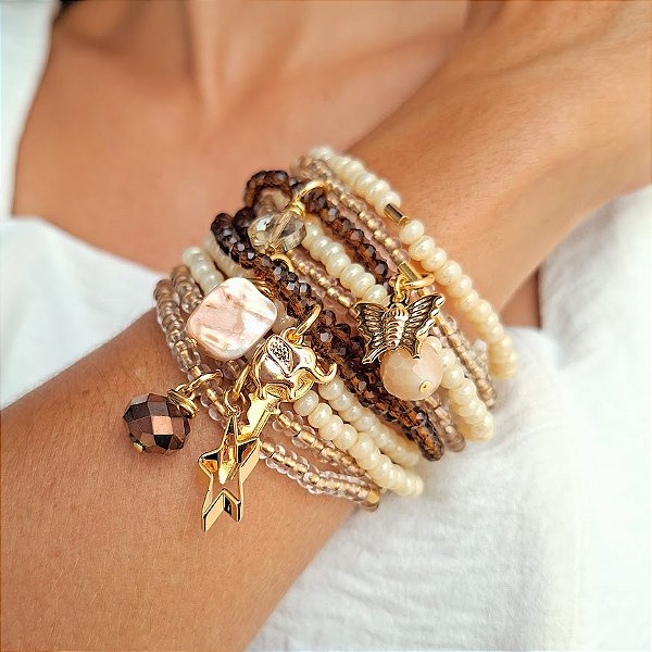 Maxi Pulseira Nude e Marrom Pingentes