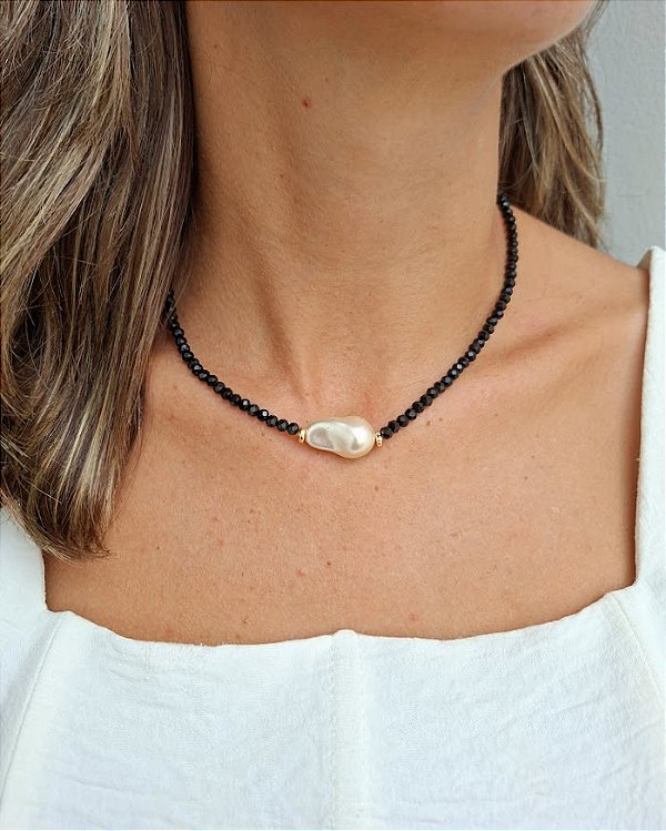 Colar Preto e Pérola Boho Central