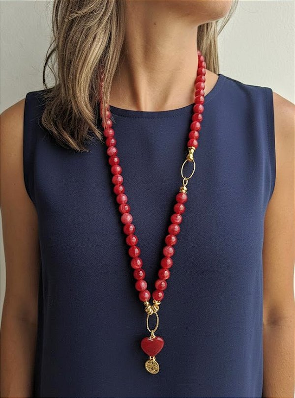 Colar Longo Ágata de Fogo e Resina Vermelha