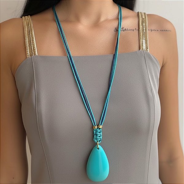 Colar Marinho e Turquesa Gota Resina