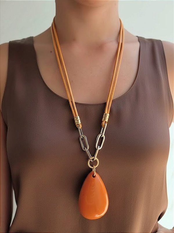 Colar Midi Laranja Gota Resina
