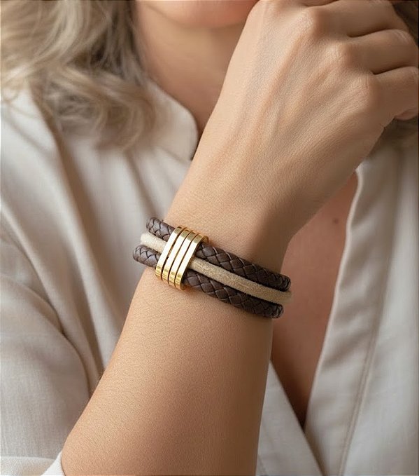 Pulseira Couro Sintético Marrom
