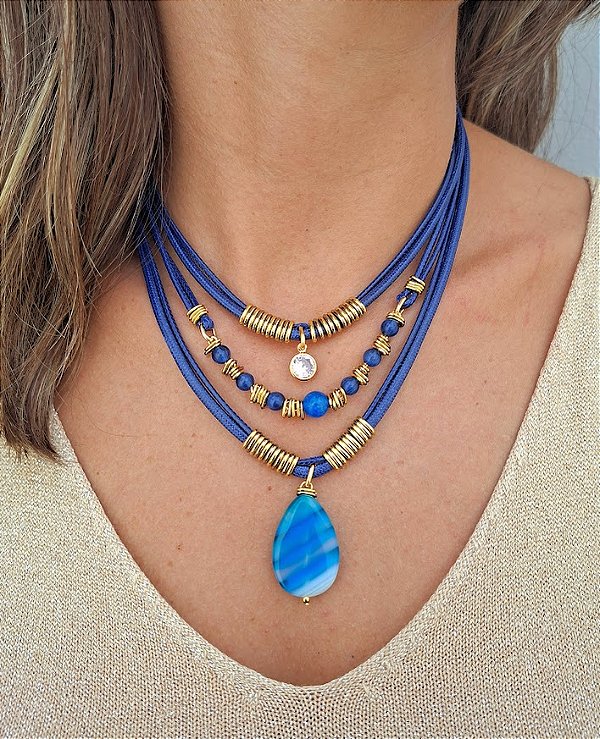 Colar Três Voltas Marinho Ágata Azul