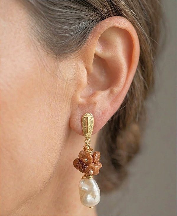 Brinco Gold Stone e Pérola estilo Boho