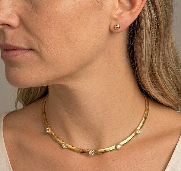 Conjunto Colar Fita e Brinco em Aço Inox Banhado