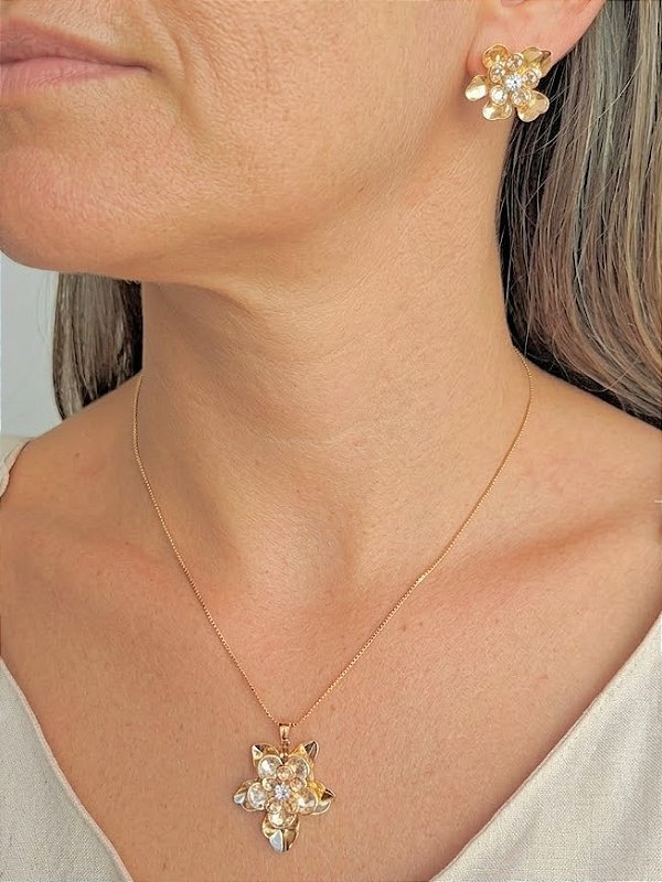 Colar e Brinco Flor e Zircônia