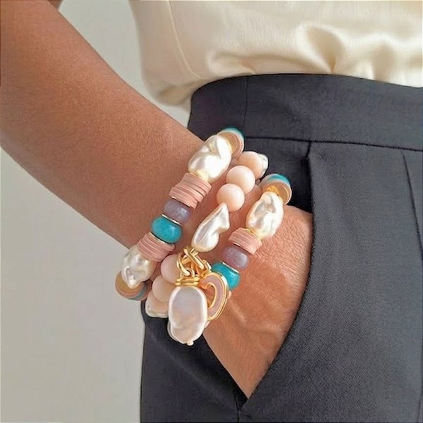 Maxi Pulseira Colorida e Pérolas