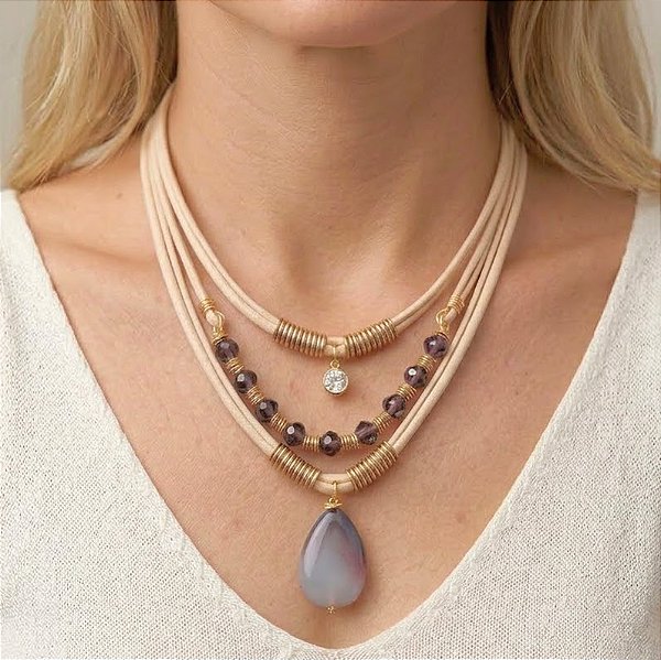 Colar Três Voltas Nude Gota Ametista