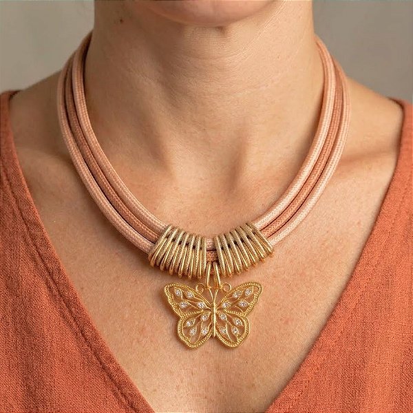 Maxi Colar Borboleta Nude e Marrom