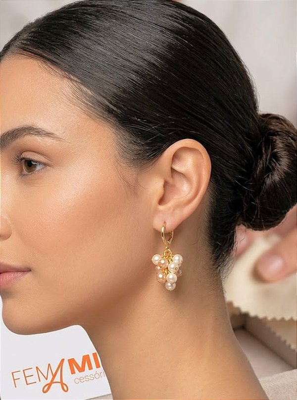 Brinco Cacho Pérola e Cristais