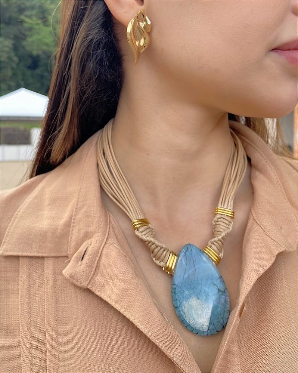 Maxi Colar Nude e Gota Azul em Resina