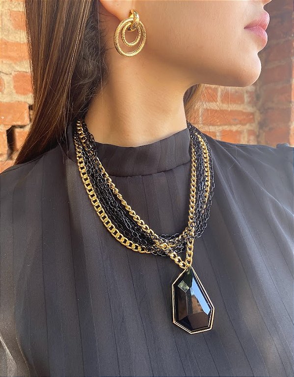 Colar Duo Correntes Preto e Dourado