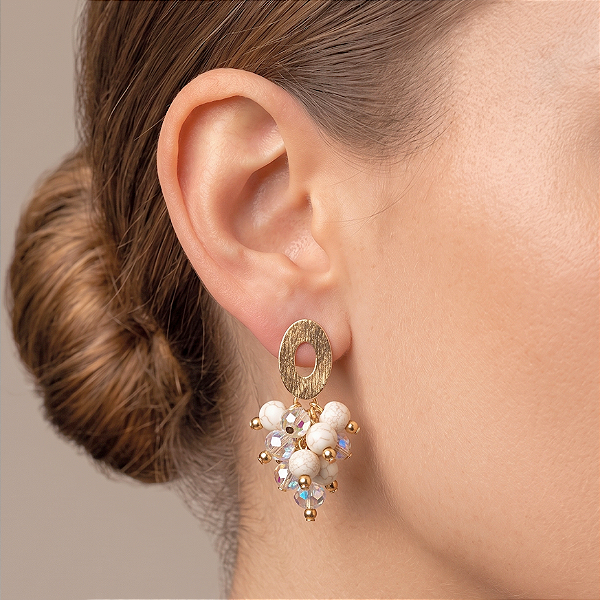 Brinco Cacho Resina Branca e Cristais