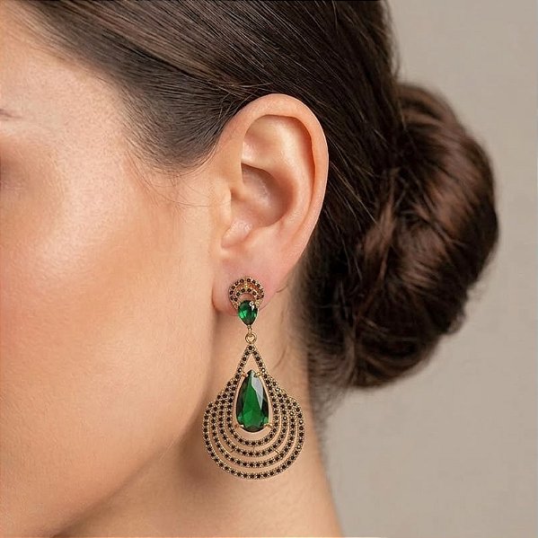 Brinco Elegante Banhado Cristais Verde