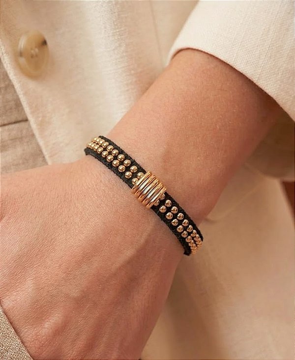Pulseira Camurça Preta e Dourada