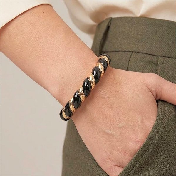 Bracelete Cromado Resina Preta