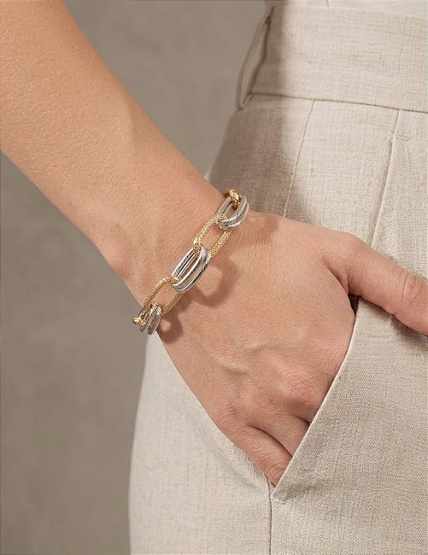 Pulseira Prata e Dourado Fecho Imã