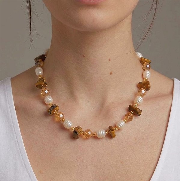 Colar Pérola Boho e Olho de Tigre