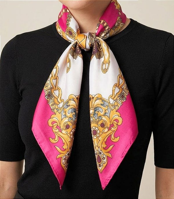 Colar Lenço Rosa G com Passante Banhado