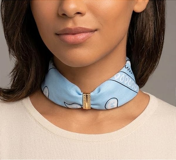 Colar Lenço P Azul com Passante Banhado