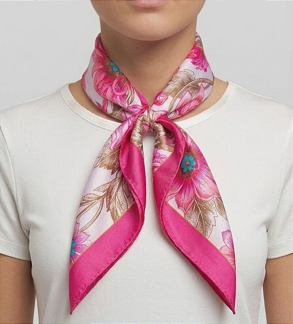 Colar Lenço Rosa Flores P com Passante