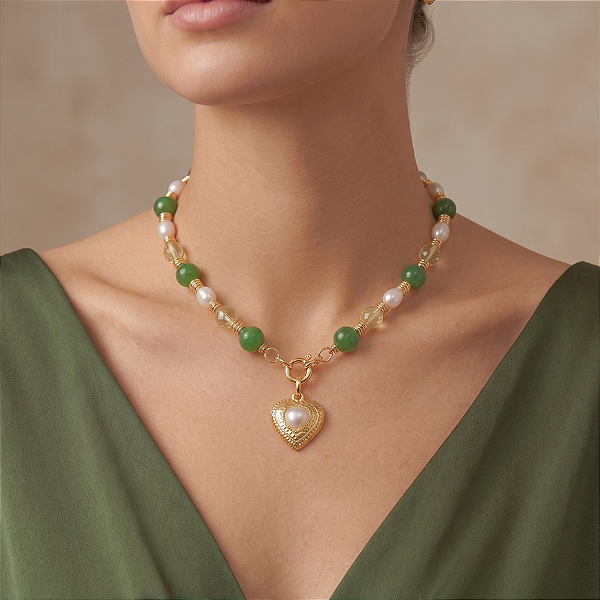 Colar Jade Verde e Pérolas