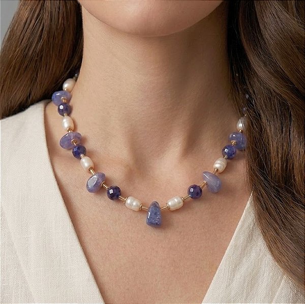 Colar Ágata Azul e Pérolas