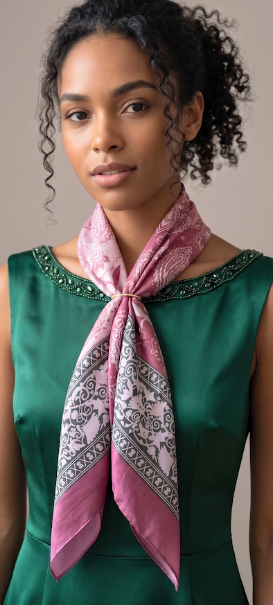 Colar Lenço Rosa G com Passante Banhado