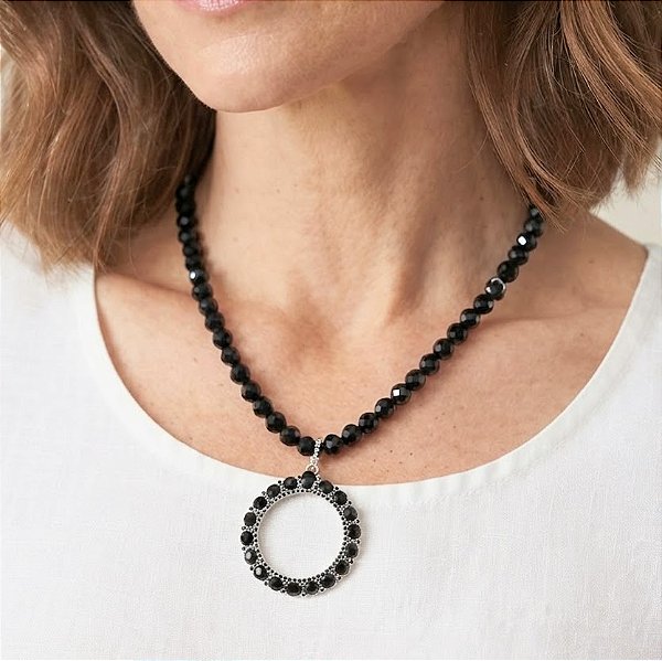 Colar Cristal Preto e Prata
