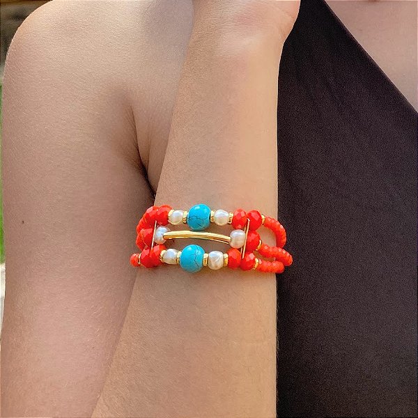 Pulseira Coral em Cristais e Howlita