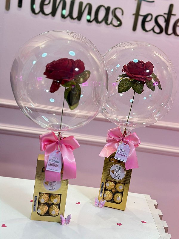 Caixa de ferreiro rocher com 8 unid , Balão e Flor Artificial mais tag personalizada - Código 0315