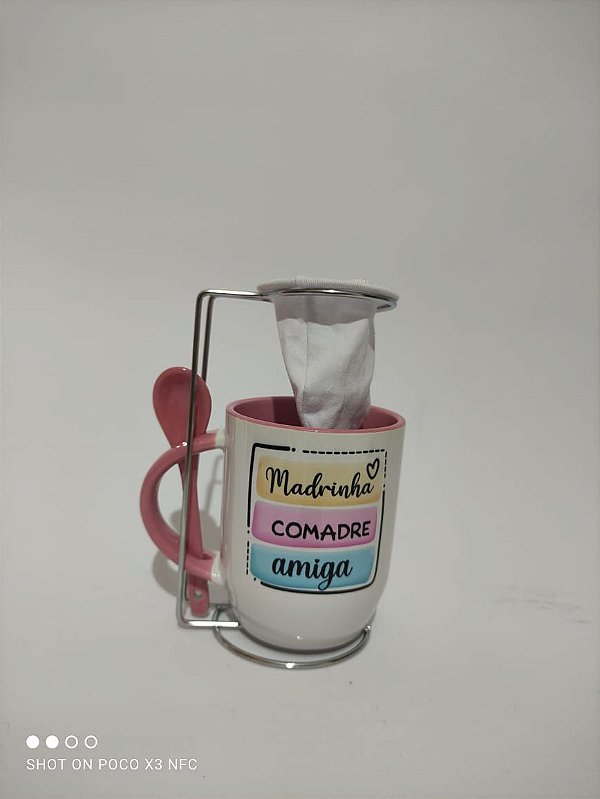 Kit caneca de porcelana com colher 325ml + mini coador removível Código - 0117