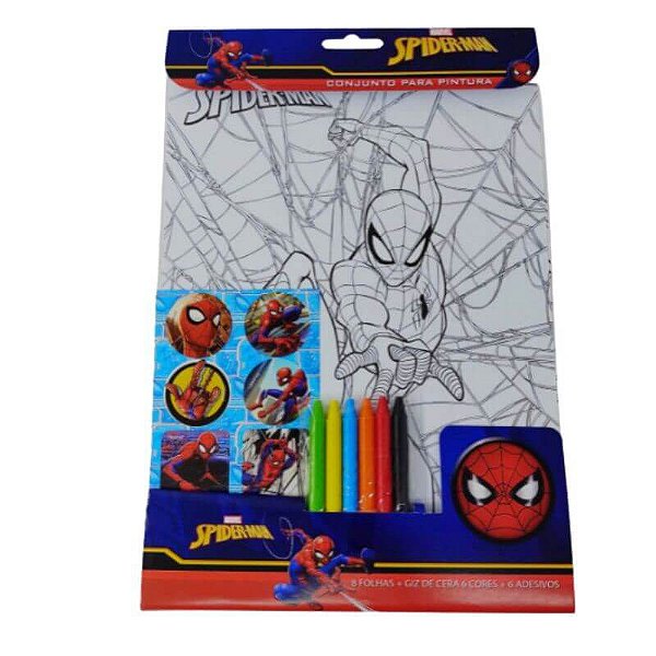 Conjunto Para Pintura 8 Folhas +6 Giz + 6  Adesivos Do Spider Man