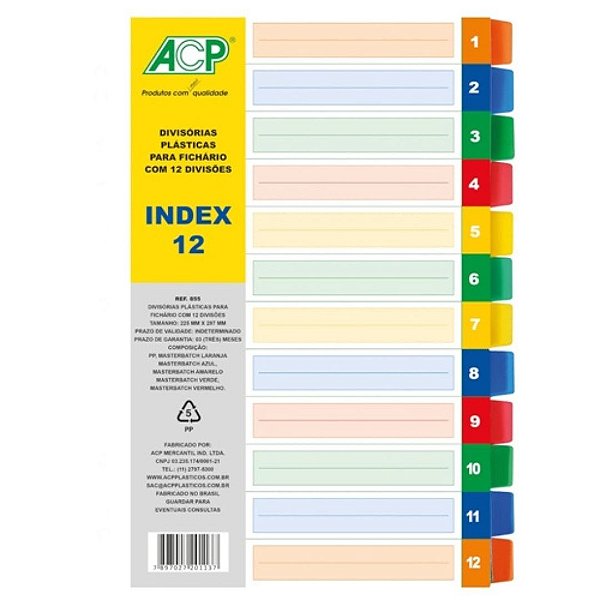 Divisória Plástica Para Fichario Colorida Com 12 Divisões Acp