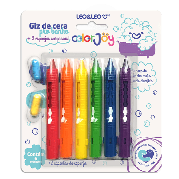 Giz De Cera Retrátil Para Banho Com 2 Esponjas Surpresas Color Joy Leonora