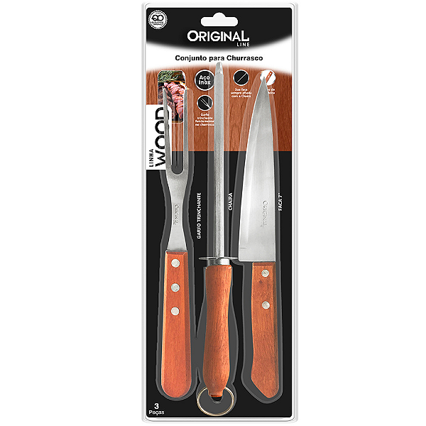 Conjunto Para Churrasco Inox Cabo De Madeira Wood SL0456 Original