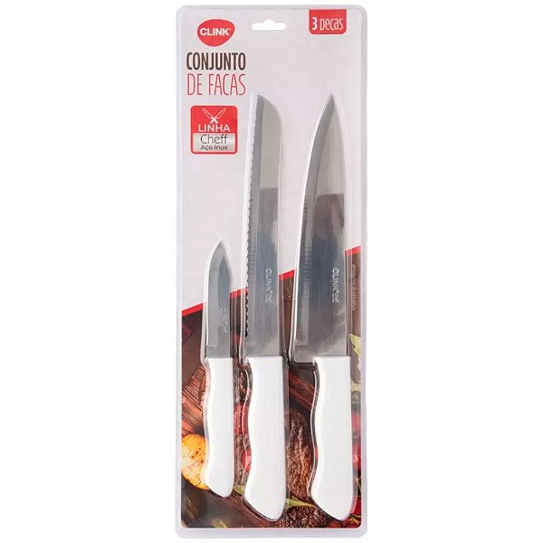 Conjunto De Facas Cheff Inox Cabo Branco 3 Peças CK5970 Clink
