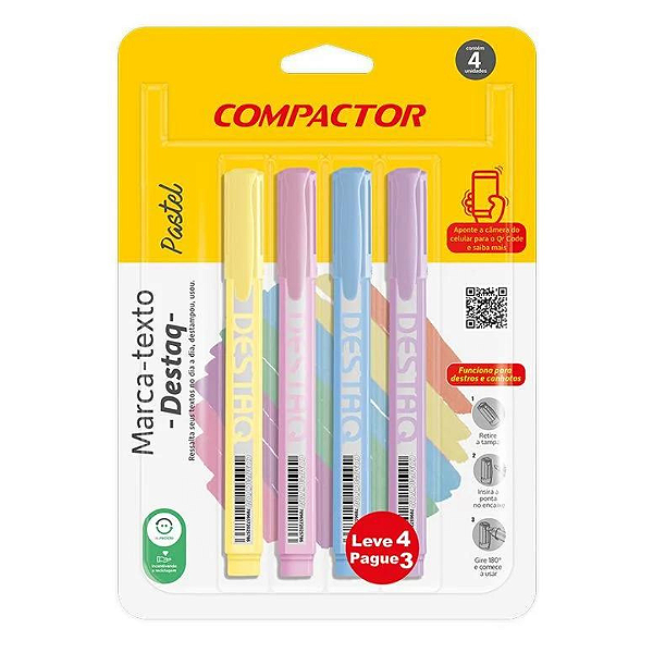Marca Texto Tom Pastel Com 4 Cores Compactor