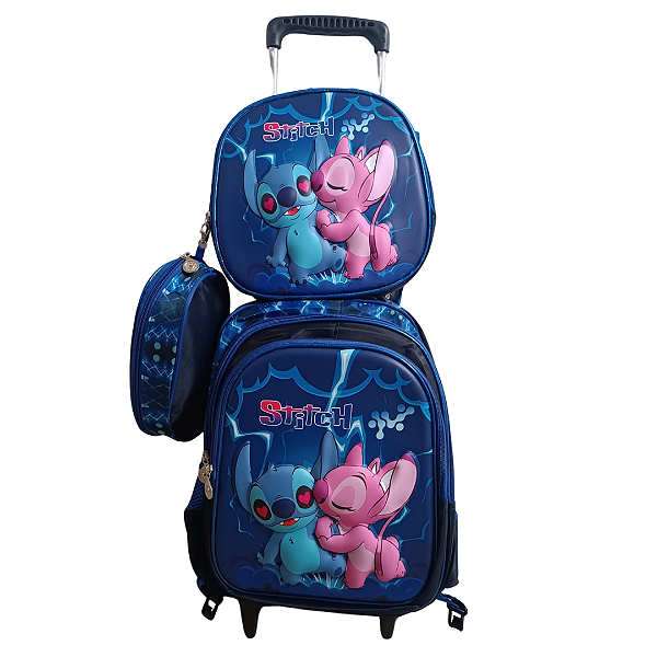 Kit Mochila De Rodinhas Lancheira E Estojo Stitch E Angel Azul