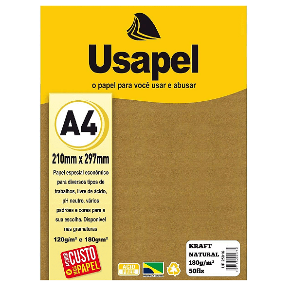 Papel Kraft Natural A4 180g/m² Com 50 Folhas UP25016 Usapel
