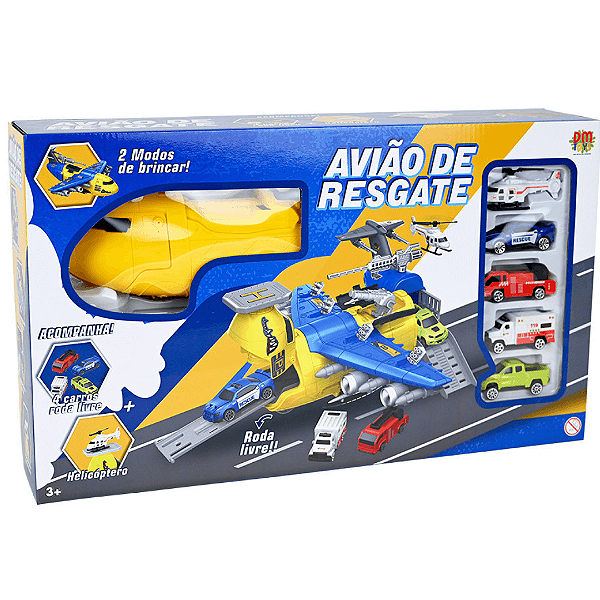 Avião De Resgate Com Helicóptero E 4 Carrinhos DMT6859 Dm Toys