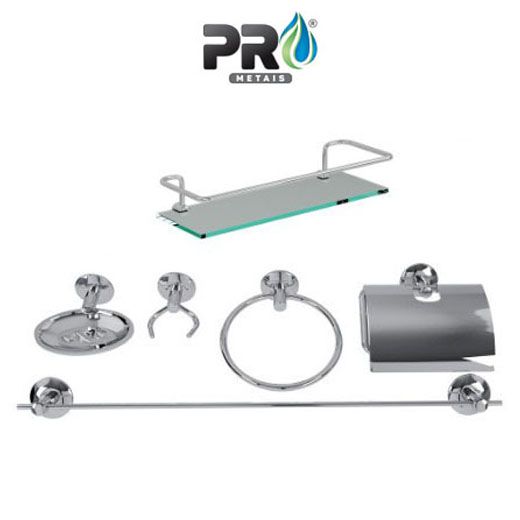 Kit Acessórios Para Banheiro Aço Inox 6 Peças Com Porta Shampoo Vidro Retangular