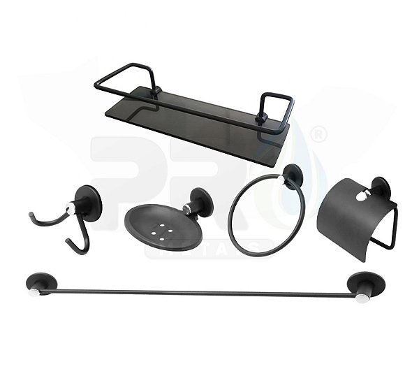 Kit Acessório Para Banheiro Aço Inox 6 Peças Com Porta Shampoo Vidro Retangular Preto Fosco