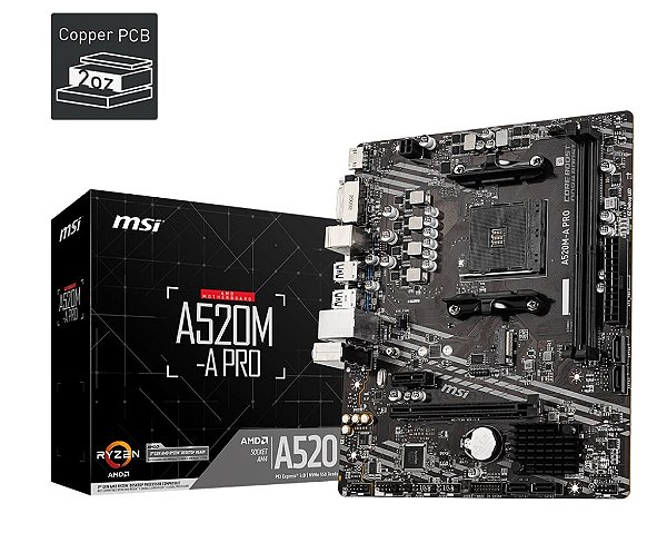 Placa mãe MSI - A520M-A PRO - AM4, DDR4, M.2, PCie 3.0, mATX