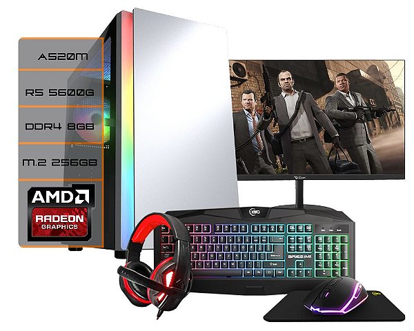 PC Gamer - Zerus - A520m, 5600G, 8GB, M.2 256GB, Monitor Gamer 24 Pol, Kit Gamer