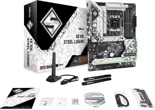 Placa mãe AsRock - X670E Steel Legend - AMD AM5, DDR5, PCIe 5.0, USB 3.2 Gen2, Dragon 2.5G LAN, Wi-Fi 6E