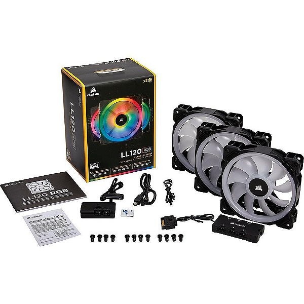 Kit Fan Corsair - LL120 Black RGB - 3x120mm, Controladora, compatível com o iCUE