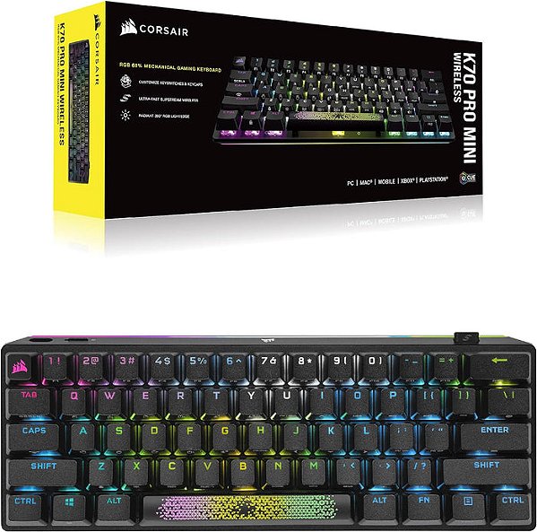 Teclado mecânico gamer Corsair - K70 PRO Mini Wireless - RGB, Sem fio Slipstream, Switch Cherry MX RED, Layout US, Forma do Teclado 60%